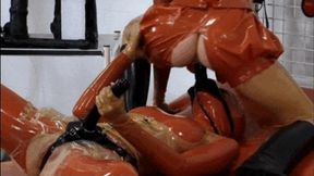 Perverted lesbian piss sluts in red latex outfits - Part 3 of 4 - Double strap-on fuck 1 of 2