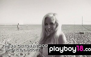 Big boobed blonde Spencer Scott reveals her shaved pussy in the rain