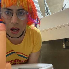 Cute Femboy Sits and Throat Fucks a Dildo on a Toilett