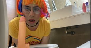 Cute Femboy Sits and Throat Fucks a Dildo on a Toilett