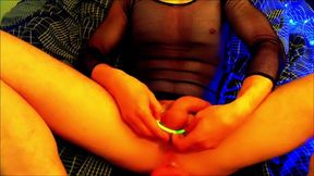 Sissy Boy Fucked Raw by Hands Free Fuck Machine until Gushing Yellow Glow Cock Ring Cumshot