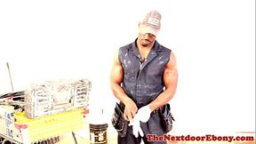 Chiseled solo ebony god pulling his hard cock