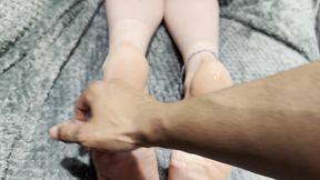 black cock cums over white soles