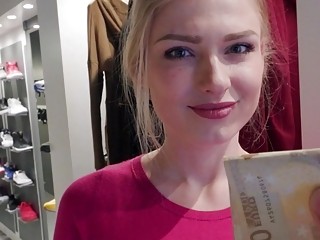 Busty amateur takes cash for cock in her tiny pussy