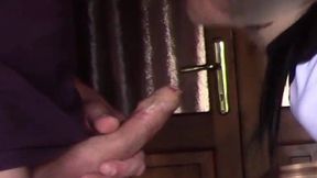 hooded in nylon, blindfolded with duct tape, facialized, and cummed in mouth