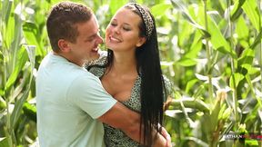 Petite raven-haired Mia gets pounded in cornfield