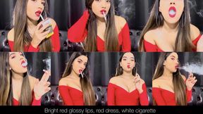 Bright red glossy lips, red dress, white cigarette and OMI's with white creamy smoke!