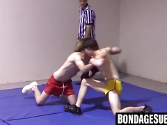Slim boys wrestle roughly before shedding clothes