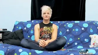 Blonde twink Austin Mitchell jerks off showing his tattoos and piercings