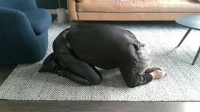 hotel room yoga poses in my tight black leather pants