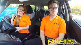 Nerdy ginger teen Ella Hughes gets a creampie in fake driving school after a wild ride