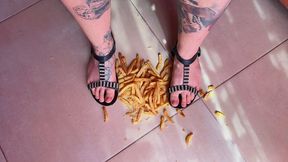crush French fries in flat sandals
