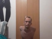 Baldy skinny teen shows off his ribs and small ass while in leggings