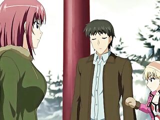 Golden-haired anime woman rides shlong in trio