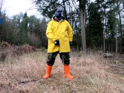 Raingear pup wanking outdoors during sunday walkies (nearly got caught)