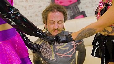 Two DOMINATRIX fist slaves ass and Finger his cock