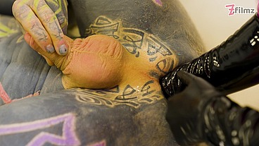 Two DOMINATRIX fist slaves ass and Finger his cock