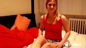 Petite blonde teen Violette wanks with fingers and huge red dildo on cam