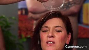 Slutty centerfold gets sperm shot on her face gulping all the spunk