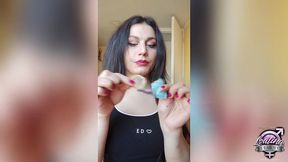 freaky tranny teen canela loves to lick cum out of condoms while jerking off and cum