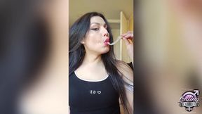 freaky tranny teen canela loves to lick cum out of condoms while jerking off and cum