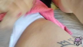 freaky tranny teen canela loves to lick cum out of condoms while jerking off and cum
