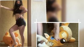 Mistress Mersiiik trampling and stomping an inflatable deer, stepping on it with her bare feet, walking on it, crushing it with all her weight, standing on its head, and also sitting on it and rubbing against it. Beautiful legs and ass. fetish