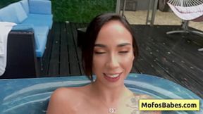 The voluptuous Latina babe in sassy pink undies slurps substantial cock&#x1F32D; in the steamy spa pool
