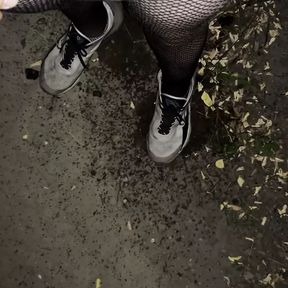 Night walking in pantyhose close road teen boy flash no pants