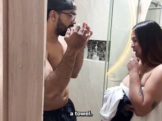 Busty hottie asks the neighbor with the massive wang on the block to help her fix her shower