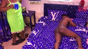 horny african stepmom is happy to meet stepson naked and hard, so sits her wet pussy on his cock