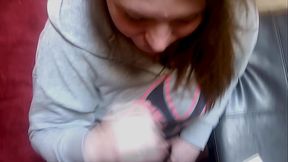 Babe sucking cock on living room floor