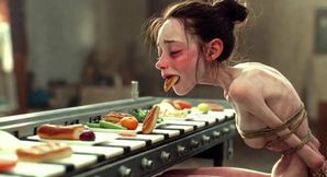 Extremely Skinny Girl Bound - Stuffed with Food Until Full