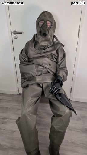Breathplay masturbation Zodiac Zodiak heavy rubber hazmat suit with gasmask rebreathing bag, gloves, boots