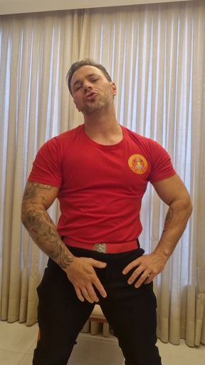 Sexy Firefighter Performs Full Striptease and Cum in His Underwear