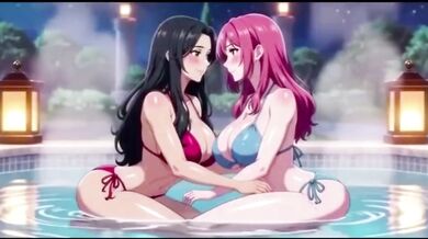 Two Lesbians soak and squirt in a steamy bath hentai