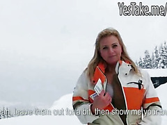 Blonde amateur flashes at the snow hill and fucked for cash