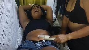 Tickling Daniela's navel and abdomen