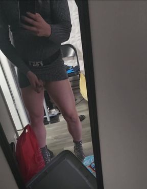 Trans touching her big dick in the mirror