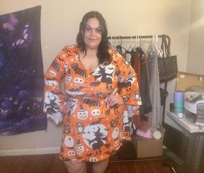 BBW Trying on a Sexy Halloween Dress over Fat Curves