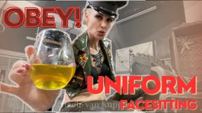 Latex Uniform facesitting - Mistress Nicole watersports you into obedience training - in military uniform with peaked cap and black high heels boots