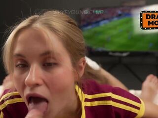 Want to screw me? Slutty Portugal fan in hot jersey gets loaded with cum during football match!