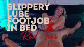 Red Toes, Slippery Lube Footjob in Bed