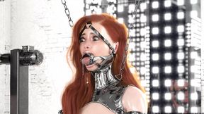 Ginger in tight latex catsuit, bound in metal restraints, awaiting intense face fucking in 3D BDSM animation