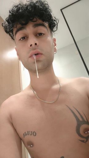 Spitting Guys Cum and Licking It Again in Hotel Bathroom - Cum Play
