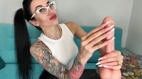 French manicure long nails, sharp claws and naughty HANDJOBS with spit