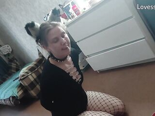 Hot kitty eats from a bowl and licks her taskmaster's feet - Lovessie