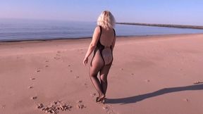 Fishnet bodystocking - Walk on beach