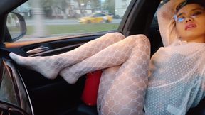 Bimbo-girl Doll Dancing in the Car and Showing Her Sexy Feet and Oot