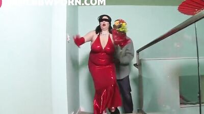 Classy brunette with sexy curves in a red dress enjoys interracial pounding